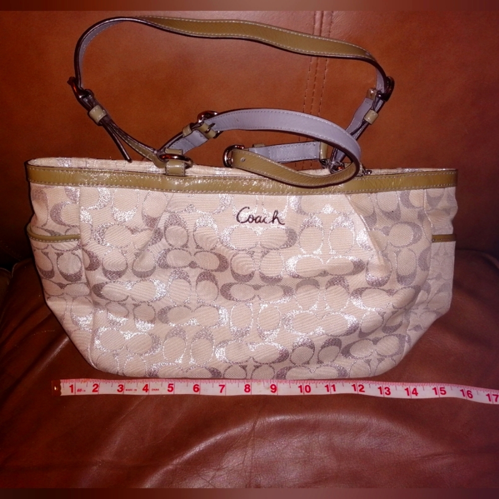 Coach Cream and Silver Handbag with Jade Greenish-gold and Gray Straps